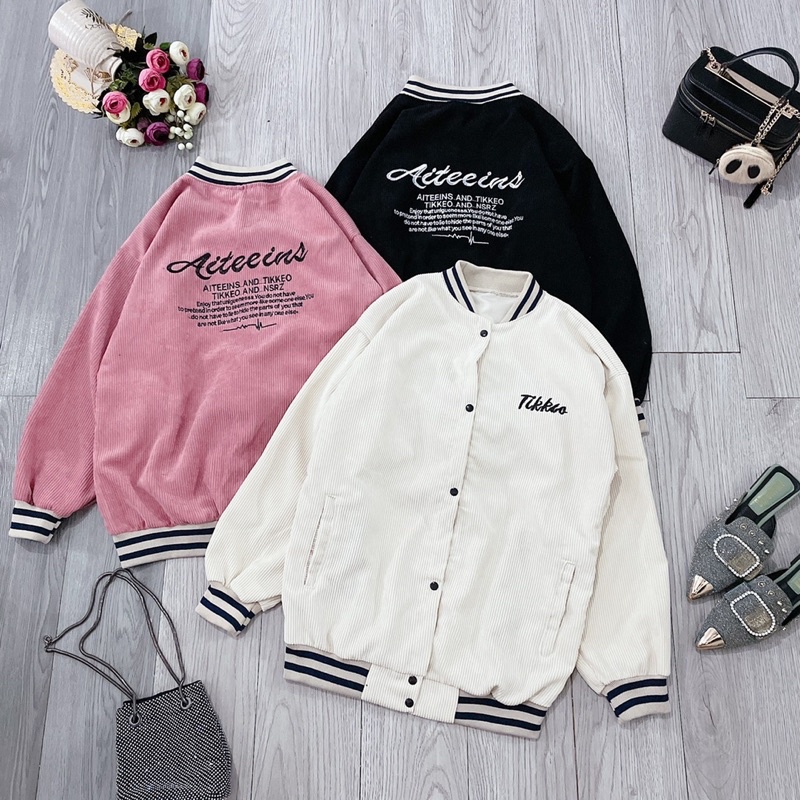 Áo Khoác BomBer Nhung TICKER Phối Kẻ 🦋 Áo Jacket Nam Nữ Thêu Chữ Phối Kẻ 3 Màu 🦋