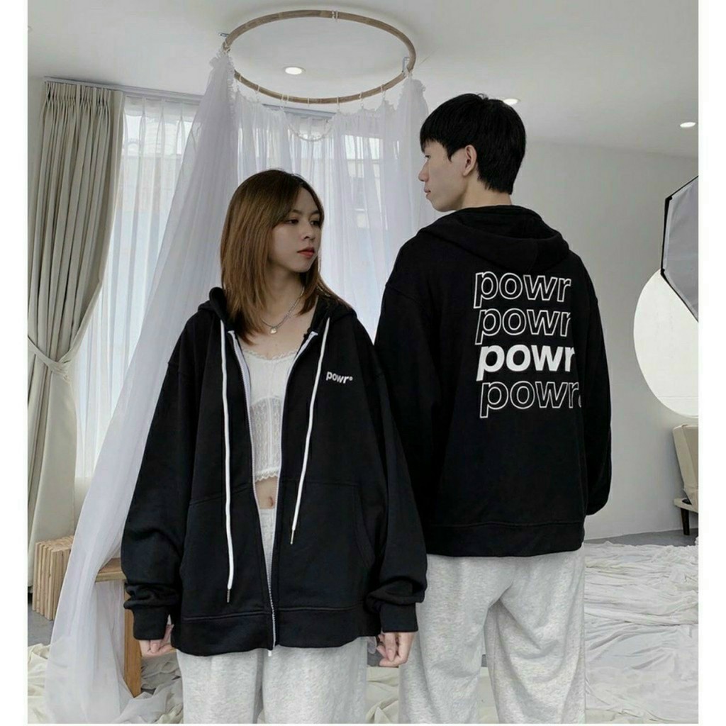 Áo khoác hoodie nỉ Lyn House in hình Powr dành cho nam cho nữ và cặp đôi, form rộng unisex 2 màu trắng đen