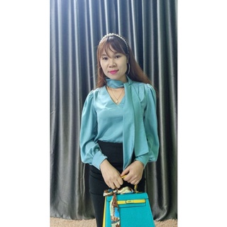 Áo sơ mi lụa cột nơ xanh ngọc
