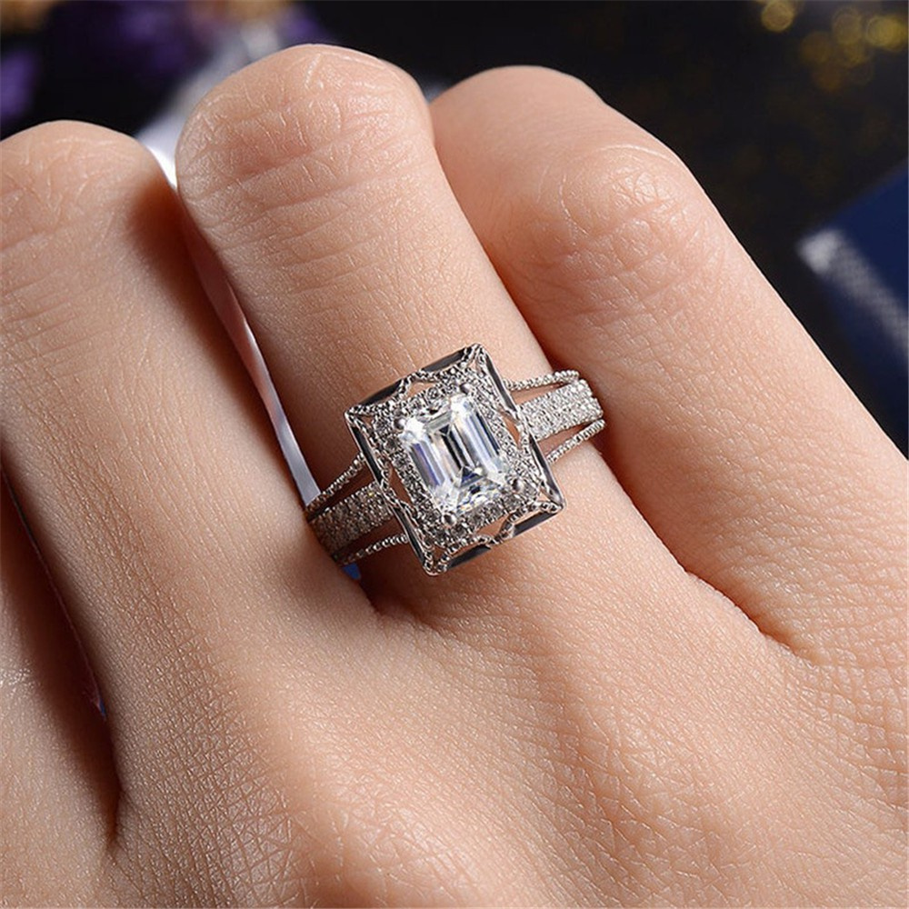 Nhẫn Đính Đá Sapphire Trắng Thời Trang Cho Nữ|Trang Sức Đám Cưới Bling|Mạ