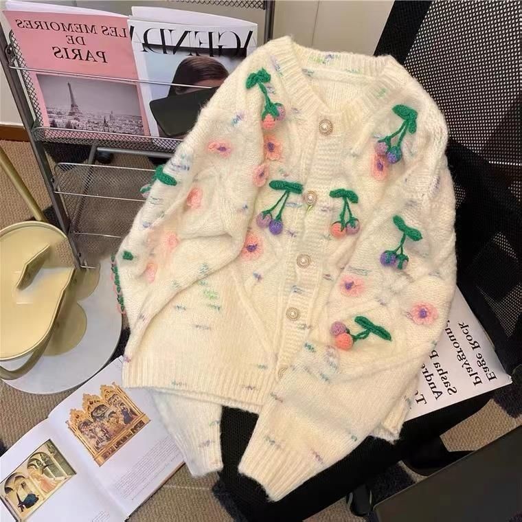Áo Khoác Cardigan Dệt Kim Họa Tiết Hoa Anh Đào Xinh Xắn Cho Nữ  tao bao