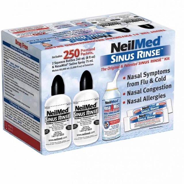 Bộ sản phẩm nước muối rửa mũi (nước muối sinh lý) Neilmed Sinus Rinse 250 gói