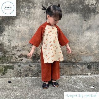 ÁO DÀI CHO BÉ GÁI MẶC VỚI QUẦN  màu cam pha be họa tiết hoa lá chất liệu nhung tăm