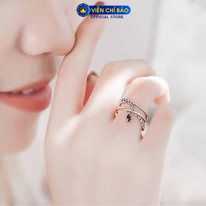 Nhẫn bạc nữ xích trơn chéo đính đá đen chất liệu bạc Thái S925 thời trang phụ kiện trang sức nữ Viễn Chí Bảo N000277