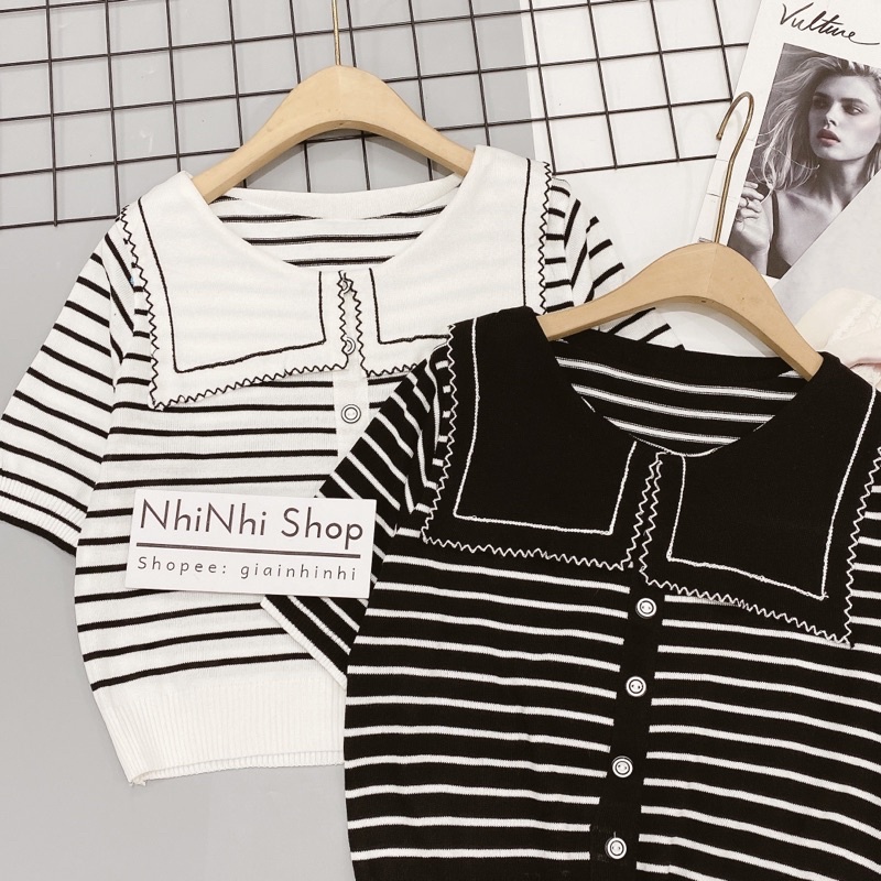 Áo len kẻ ngang cổ lá bo gấu ngắn tay đính cúc vải len mịn co giãn AL8033 - NhiNhi Shop