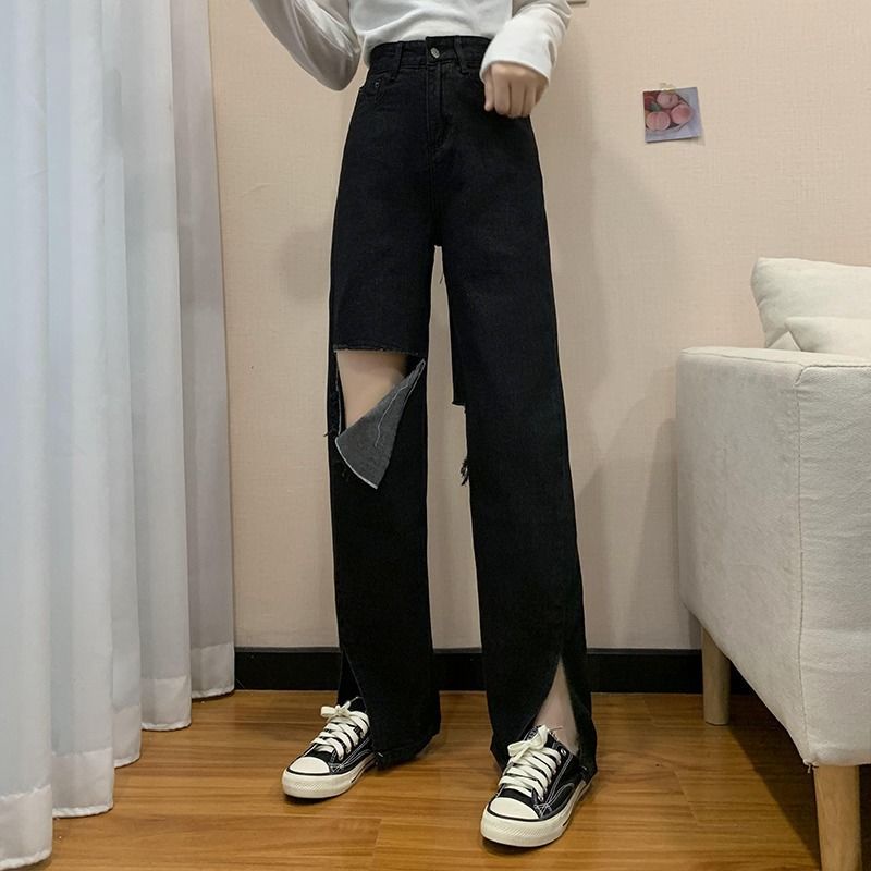 Quần Denim Ống Rộng Màu Đen Thiết Kế Xẻ Rách Cá Tính 152369 Quần Dài Ống Rộng Xẻ Tà Thời Trang