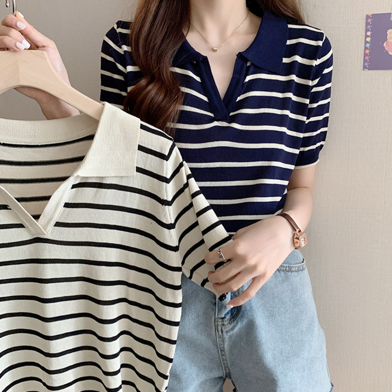 áo polo Nữ Tay Ngắn Họa Tiết Sọc Phong Cách Hàn Quốc