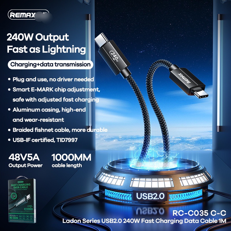 CHÍNH HÃNGDây Cáp siêu sạc nhanh 240W 48V 5A REMAX C035 PD Type-C To Type-C 1M BỌC DÙ CHỐNG RỐI ĐỨT