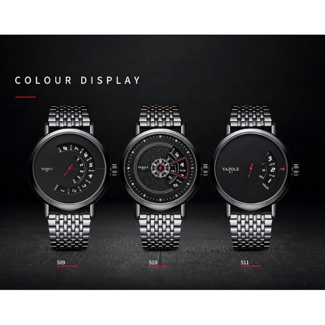 Đồng hồ nam YAZOLE 510 dây da - dây thép màu đen Chính Hãng