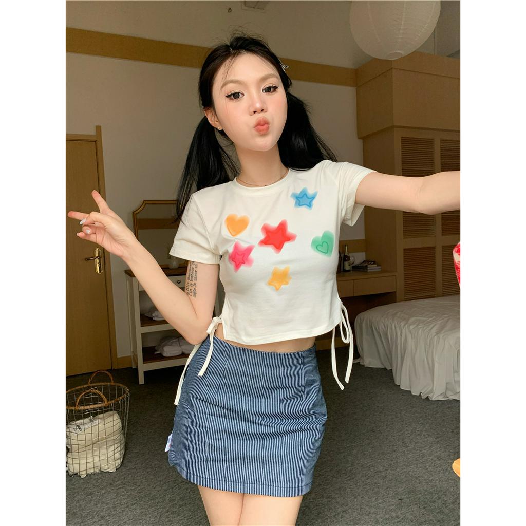 Áo Croptop Tay Ngắn In Hình Ngôi Sao Nhiều Màu Sắc Dễ Thương Cho Nữ