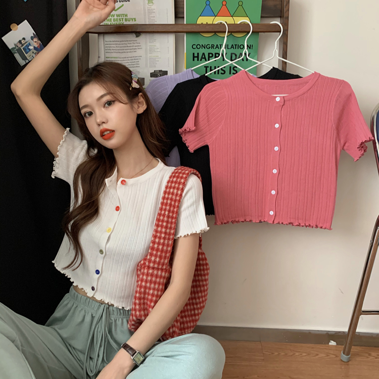 Korean Summer 4-color Shirt Top Women's Color Button Short Sleeve Tight Short Crop Top