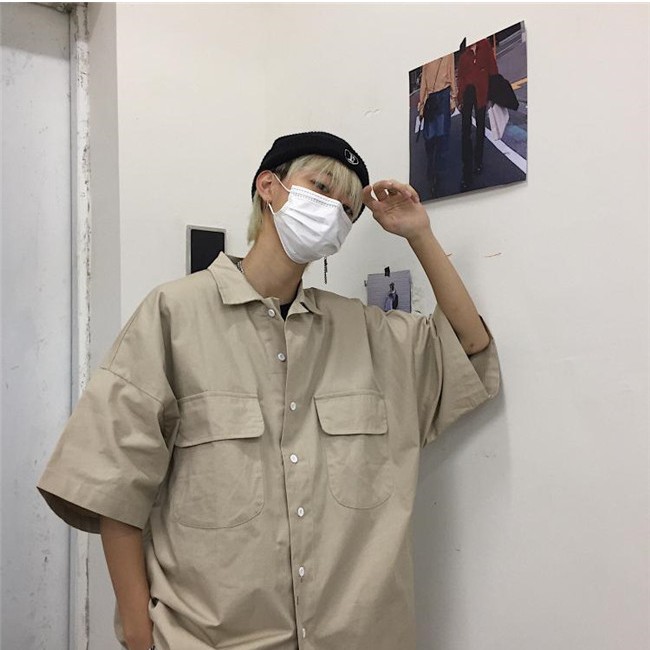 Áo Sơ Mi Dáng Rộng Phối Túi Lớn Màu Trơn Thời Trang Harajuku Cá Tính Cho Nam Và Nữ