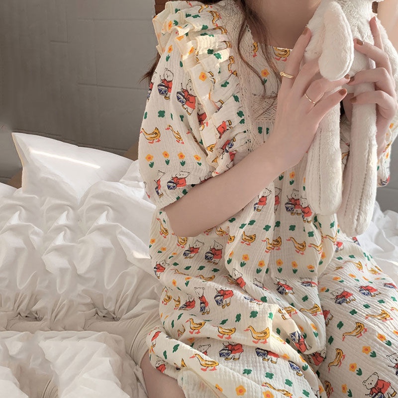 Jiashucheng Đầm Ngủ Dài Tay Ngắn In Hình Gấu Dễ Thương Phong Cách Nhật Bản Thời Trang Mùa Hè Cho Nữ