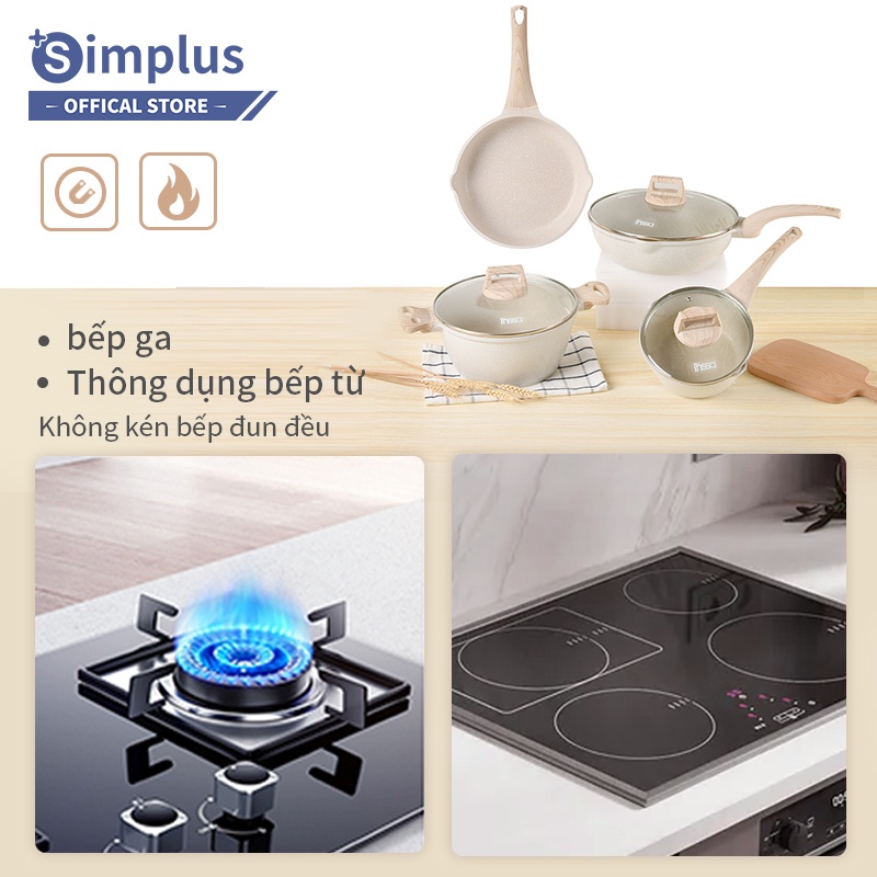 Bộ nồi chảo chống dính Vanila Simplus size 26-28cm dụng cụ nấu ăn đa năng chuyên dụng dùng được cho bếp từ bếp gas