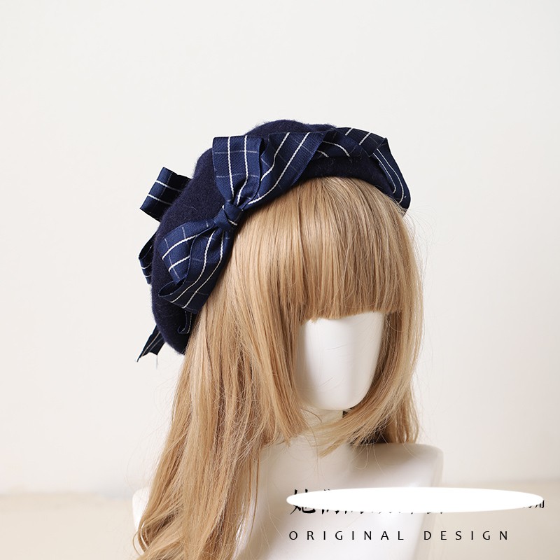 YAS0110-Mũ nồi xanh dương đính nơ kẻ