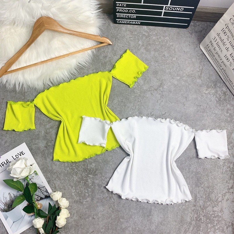 Áo croptop trễ vai , cuốn biên , chất thun gân mềm mịn ôm body khoe dáng