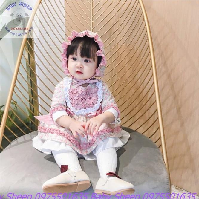 Váy hoa phong cách Lolita cho bé gái tặng kèm mũ bèo tiểu thư cho bé diện thôi nôi, chụp ảnh