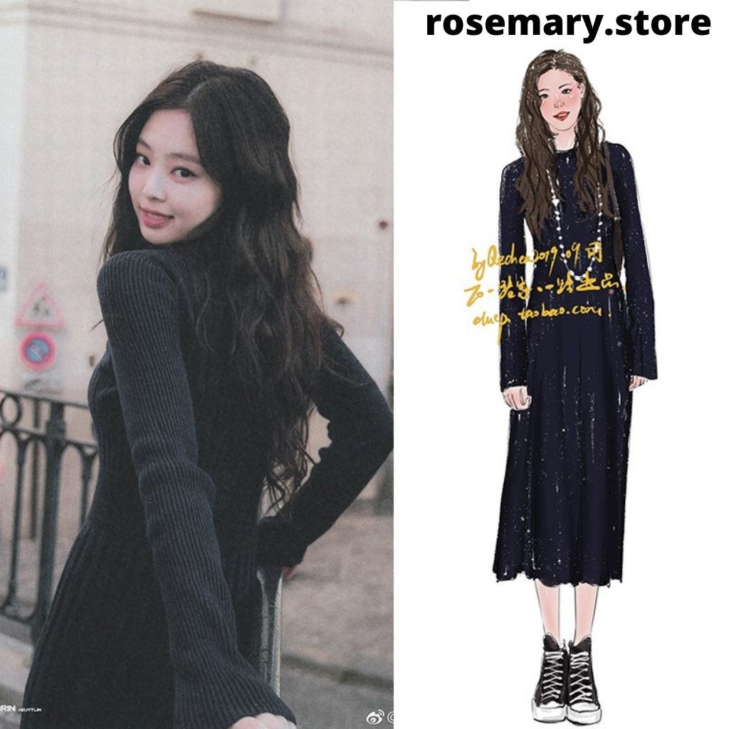 Váy dài đen len tăm Jeannie Blackpink