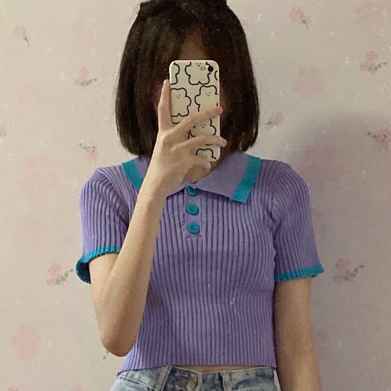 Biiz Top - Áo croptop polo viền cổ cho nữ Purple heart | BigBuy360 - bigbuy360.vn