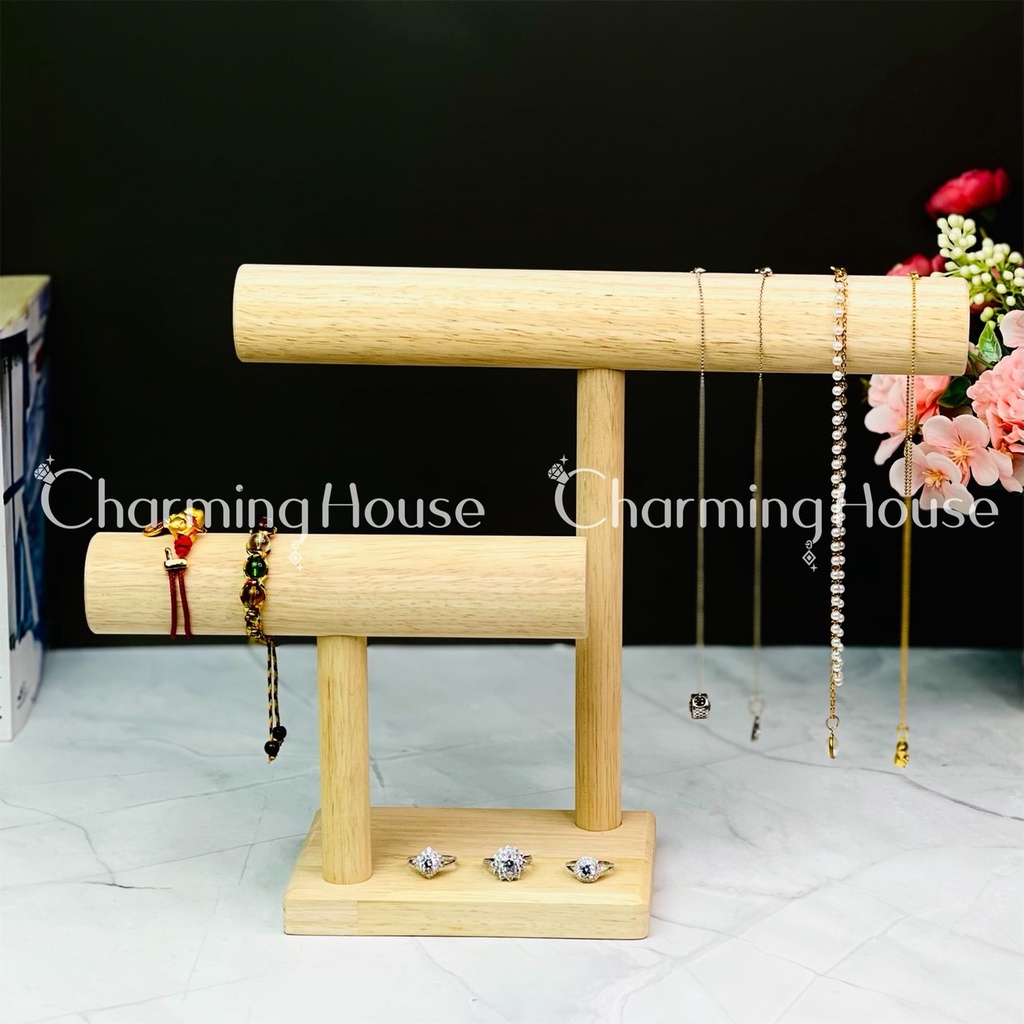 Giá treo trang sức dây chuyền vòng đeo tay đồng hồ bằng gỗ cao su tự nhiên