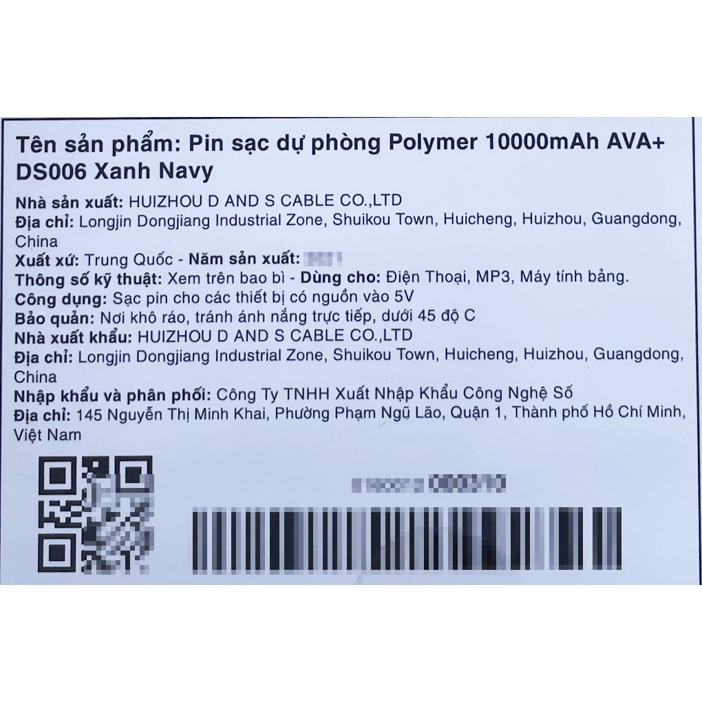 Pin sạc dự phòng AVA DS006 10000mAh Micro USB/2 cổng USB - Chính hãng BH 12 tháng