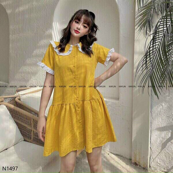 [ Miễn phí ship 2022 ] Đầm vàng babydoll tay búp , đầm bánh bèo nút cổ bèo phối ren dáng xòe tiểu thư xinh xắn