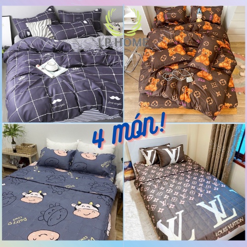 Set 4 món Chăn ga gối cotton Poly vải nhập màu sắc nét cao cấp dễ thương - Bo chun miễn phí m2 m6 m8