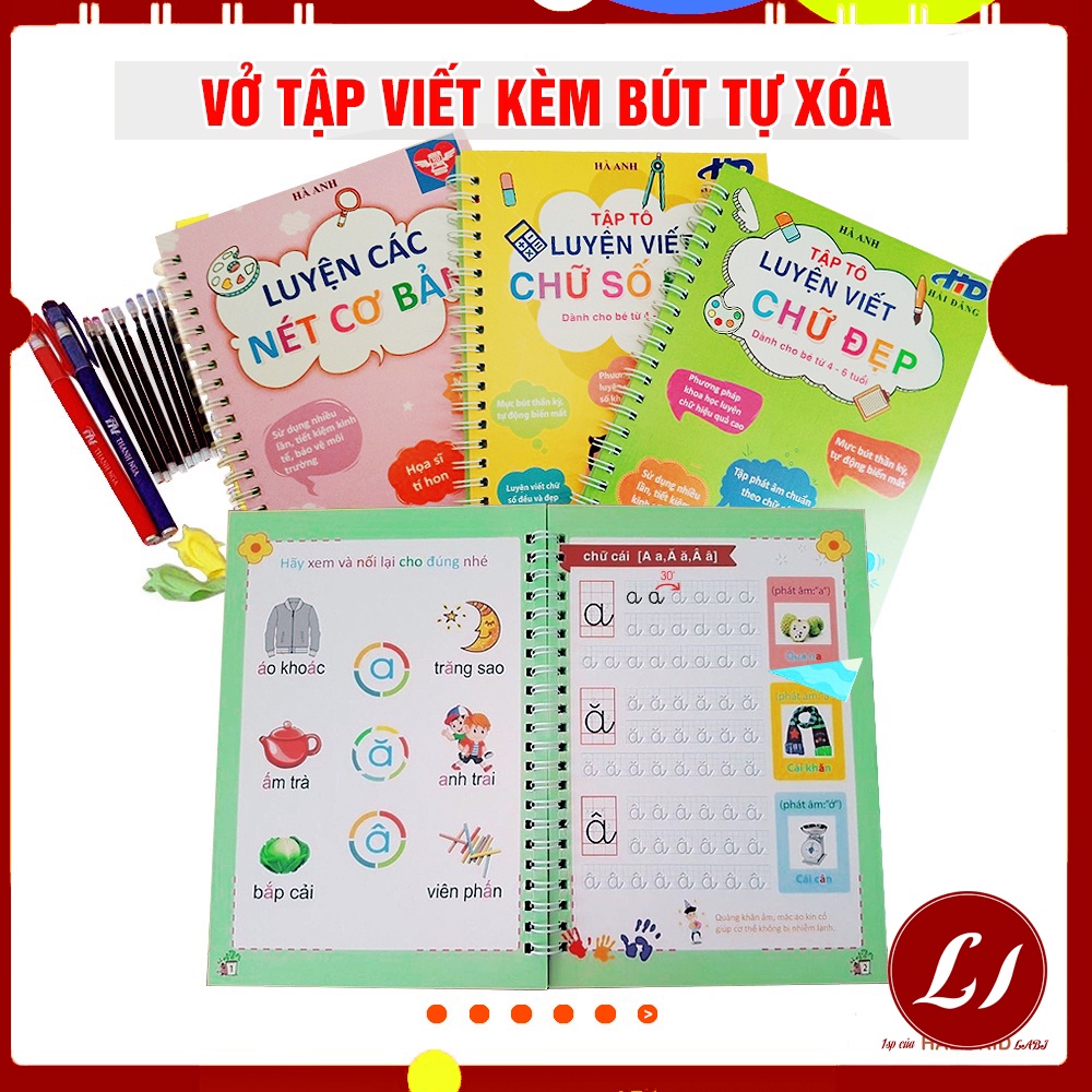 Bộ 3 Vở tập viết nét Lõm TỰ XÓA kèm bút tự bay màu cho bé luyện dễ dàng (2bút + 6ngòi + 2 định vị cầm bút)