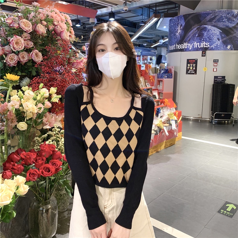 Áo dệt kim trễ vai giả hai lớp họa tiết sọc caro thời trang cho nữ