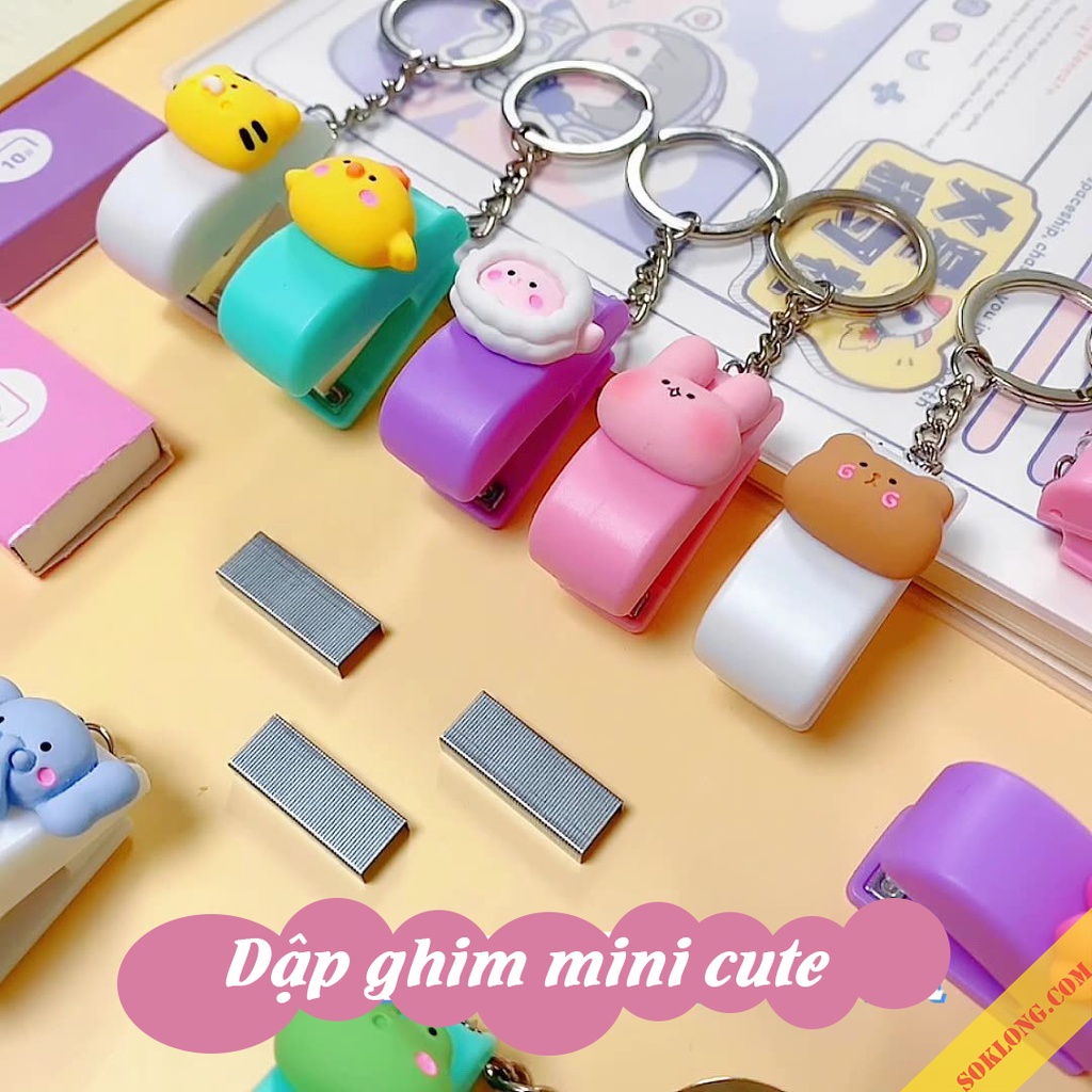 Dập ghim mini động vật kèm móc khóa, bấm ghim cute, đồ bấm kim giấy dễ thương