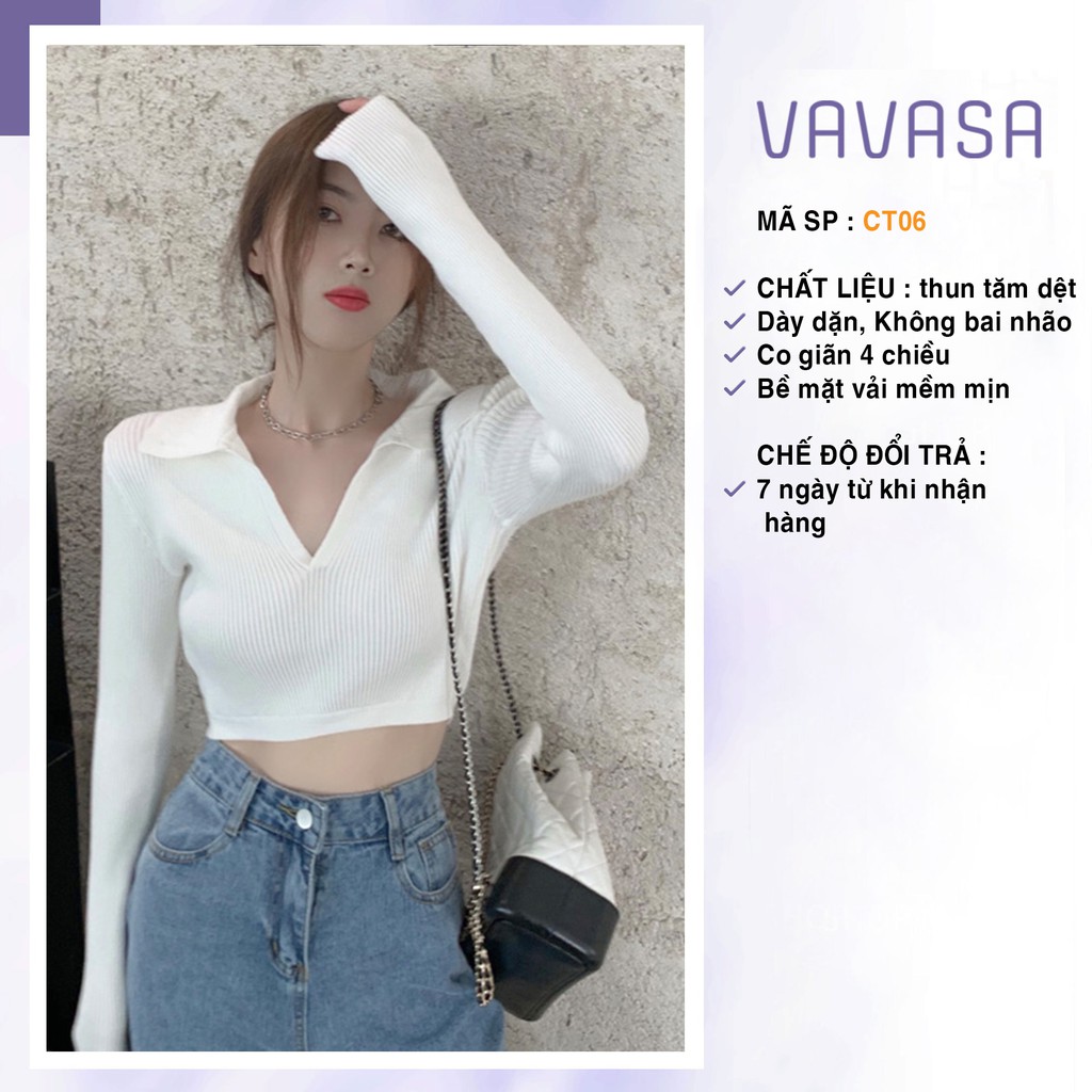 Áo croptop nữ tay dài kiểu ôm polo có cổ bigsize thun body VAVASA CT06 ...