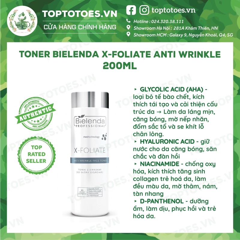 Toner trẻ hoá da Bielenda Professional X-FOLIATE Anti Wrinkle dưỡng ẩm và chống lão hoá 200ml