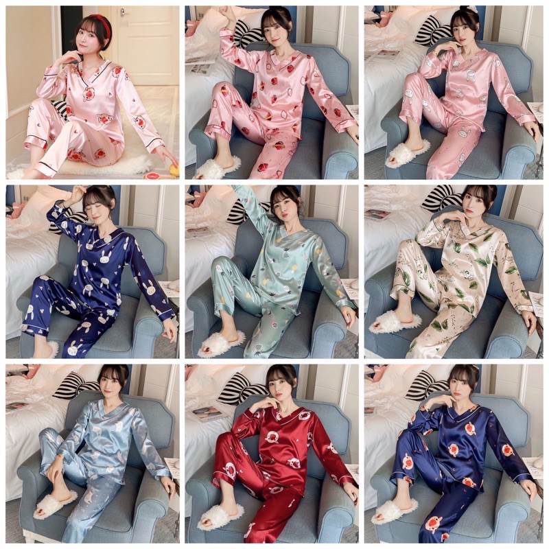 Bộ Ngủ, Bộ Đồ Mặc Nhà Pyjama Lụa Cao Cấp Cổ V Dài Tay Nhiều Mẫu