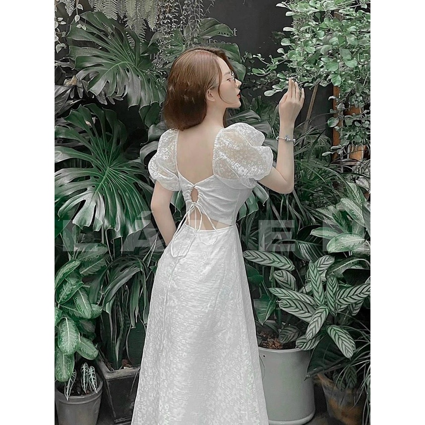 Đầm Trắng Midi Hoa Nổi Cổ U Tay Bồng
