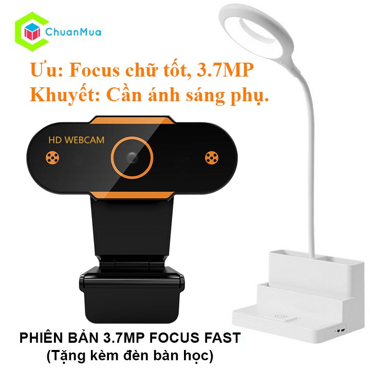 Webcam Máy tính Có Mic, Học Zoom Online, tích hợp Micro độ phân giải 1080P ( Kèm Đèn Bàn - Phiên Bản 3.7MP FOCUS FAST )