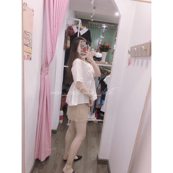 Set Áo Babydoll Trắng Cổ Gập Thắt Nơ Dáng Rộng Kèm Cv Kem Chất Vải Nhẹ ( Hàng Sẵn)
