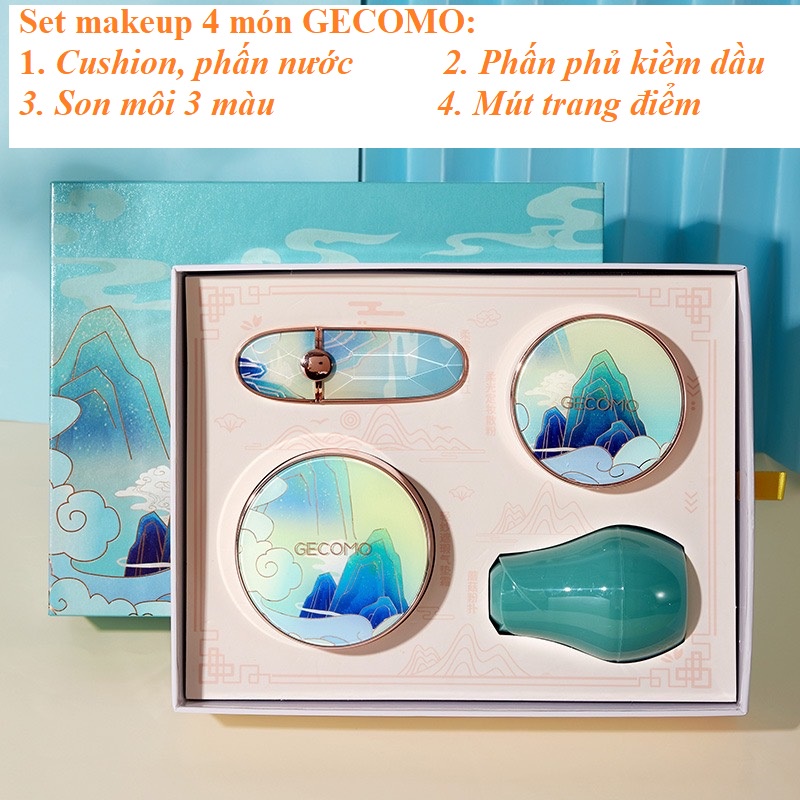 Bộ trang điểm Gecomo: Cushion, phấn phủ, son môi 3 màu và mút trang điểm