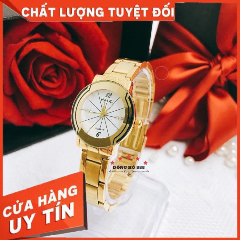 FREESHIP - Đồng hồ nữ Halei dây vàng mặt tròn sang chảnh, chống nước chống xước - HL457