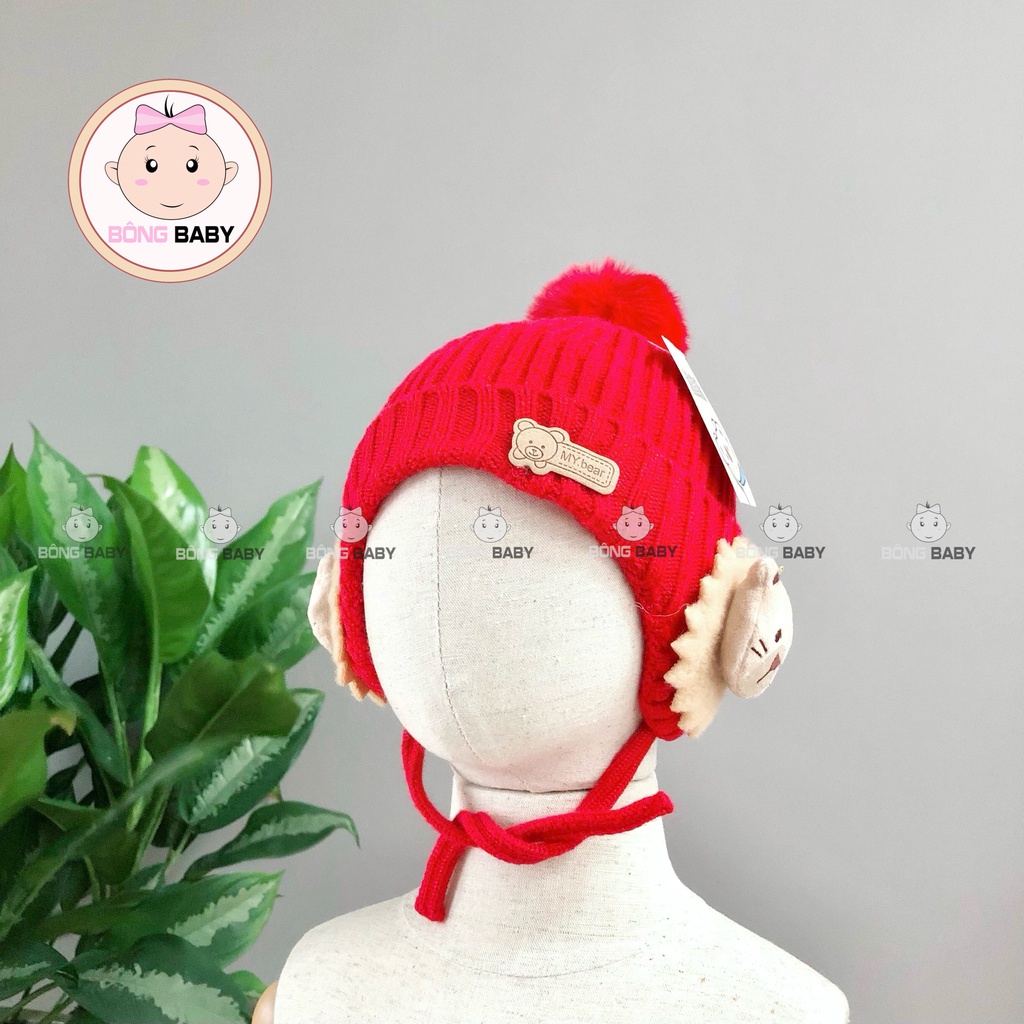 Mũ len cột dây tai gấu cute, thời thượng cho bé trai, bé gái từ 6 - 12 tháng - Mũ len phi công dày dặn, giữ ấm tốt