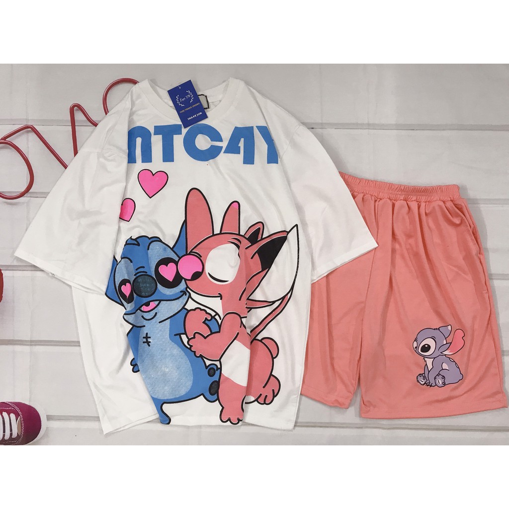 Set Đồ Bộ STITCH - LOVE cartoon 3D Cute DB49-Lapi VN Áo+ Quần Đùi Vải Thun Cotton Thoáng Mát, Freesize Đến 70kg