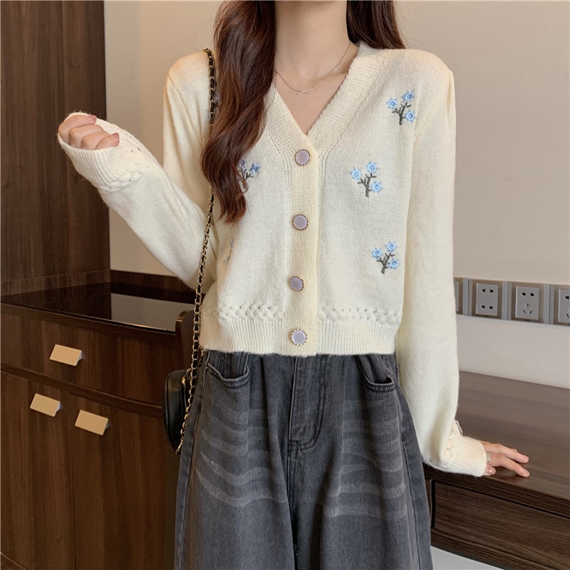 Áo Sweater Tay Dài Thêu Họa Tiết Xinh Xắn Phong Cách Hàn Quốc
