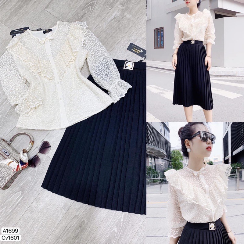 Áo ren tiểu thư kèm chân váy xếp ly dài