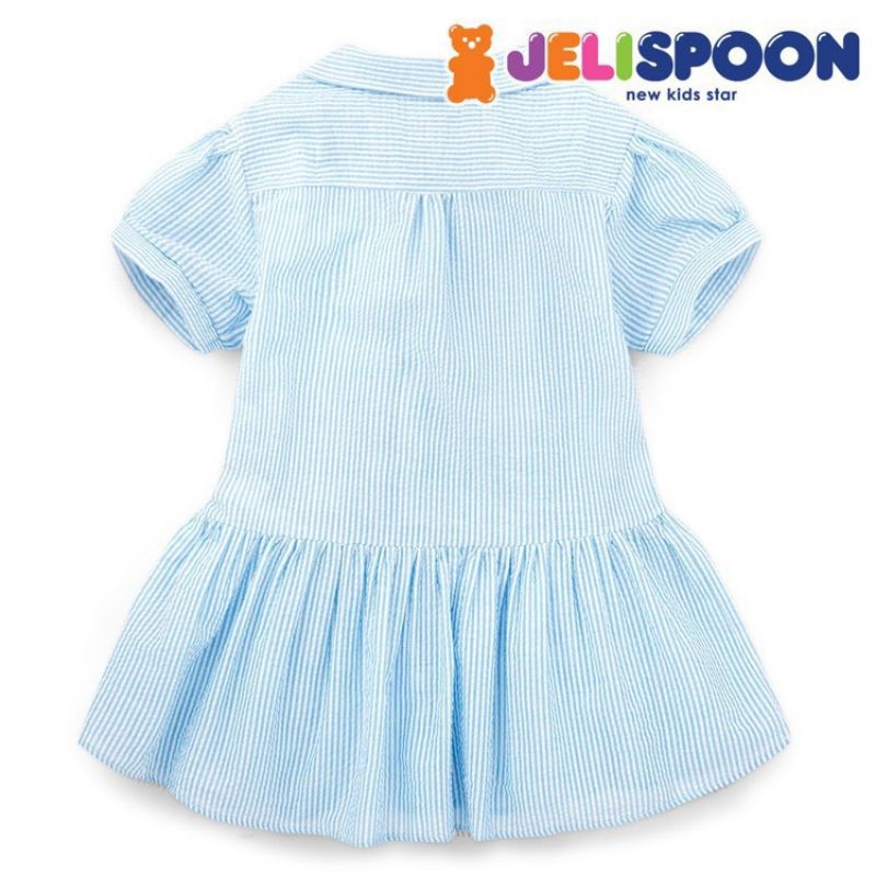 Đầm Jelispoon cotton xốp xuất Hàn, sọc xanh đính túi cho bé gái