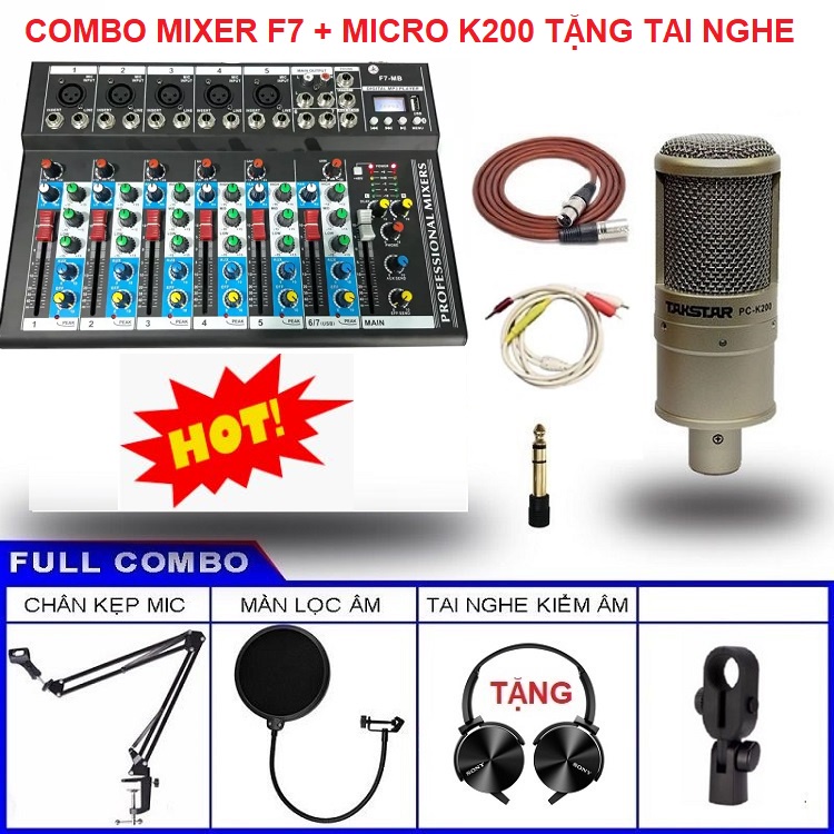 Đủ Bộ Mixer F7 MB Bluetooth, Micro PC-K200 Chính Hãng Takstar - Tặng Tai Nghe XB 450 - Đủ Phụ Kiện Gồm 8 Món