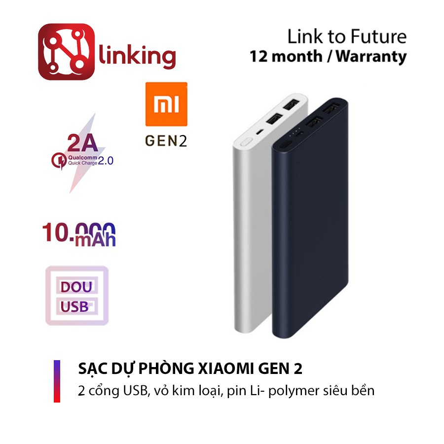 Sạc dự phòng Xiaomi Gen 2 chính hãng dung lượng 10000mAh có đèn báo l Sạc pin dự phòng Xiaomi gen 2 2 cổng sạc, BH 1 NĂM