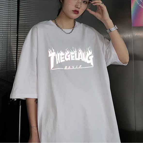 Áo thun tay ngắn in hình ngọn lửa phản quang thời trang cho nam