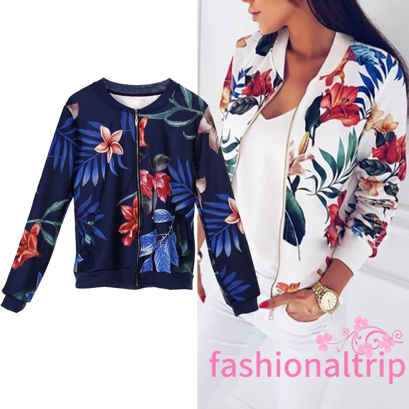 ì _ íFashion Womens Ladies Retro Floral Zipper Up Bomber Jacket Casual Coat Outwear