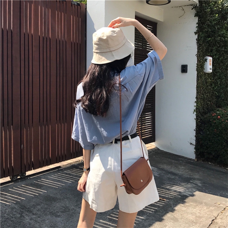 Áo sơ mi SUXI tay ngắn màu trơn đơn giản thời trang dành cho nữ