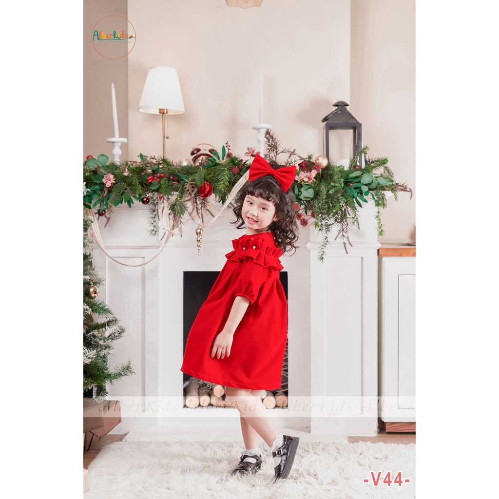Váy bé gái ALBERKIDS nhung đỏ đính NGỌC dài tay công chúa xinh đẹp cho trẻ em gái từ 2,3,4,5,6,7,8,9,10,11,12 tuổi [V44]