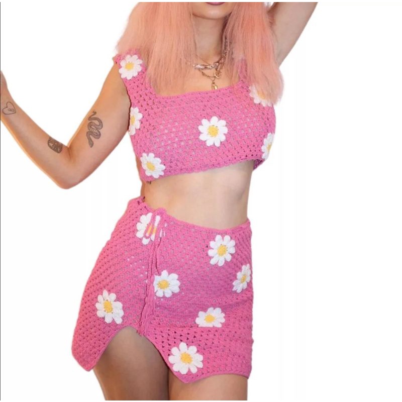 Set Áo Váy Len Hoa Cúc Crop Top Cover Up Đi Biển